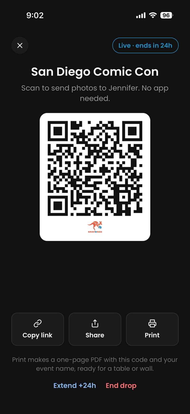 A live event QR code with the guest count.