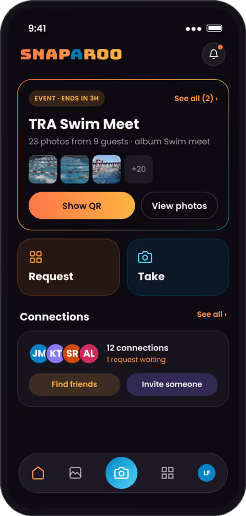 Snaparoo Home with a live swim meet event